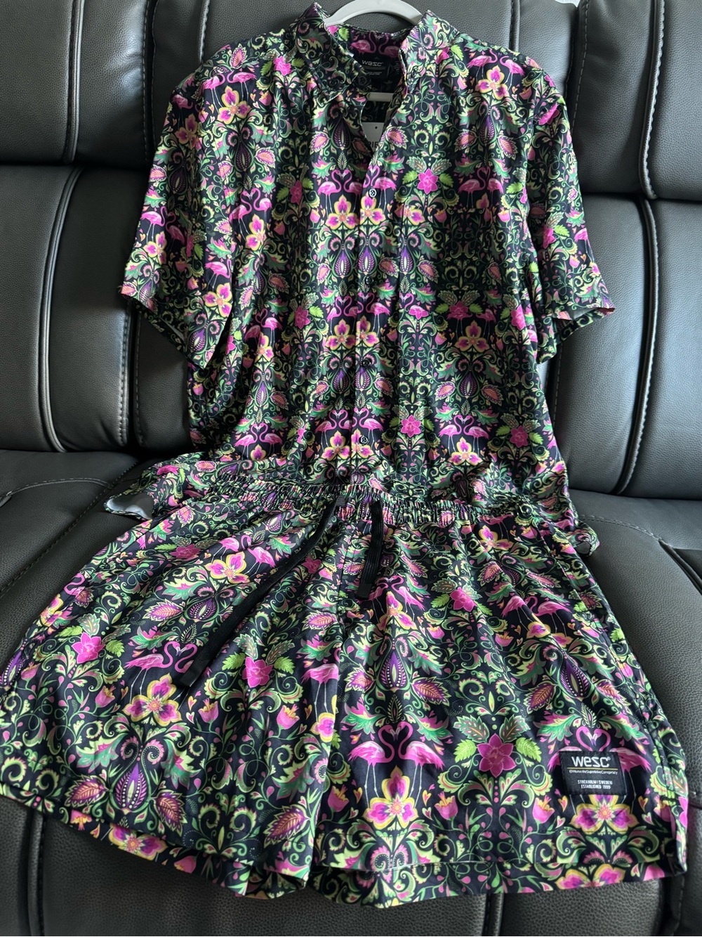 WeSC neon flamingo matching set shirt and shorts unisex men’s XL women XXL